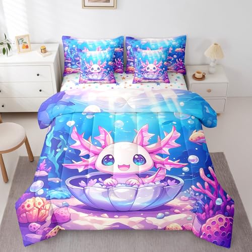 Feelyou Kids Cute Axolotl Bed in A Bag Full Size, Ocean Sealife 7 Pieces Bedding Set Boys Girls Kawaii Animal Comforter Set with Sheets Cartoon Salamander Teens Bed Set Bedroom Decor 7Pcs