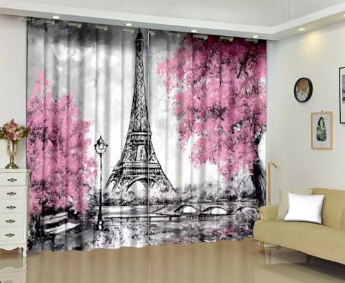 kxry Pink Paris Blackout Curtains for Bedroom Living Room Eiffel Tower Flower French Style Darkening Grommet Curtain 84 Inches Long Window Drapes Treatment Room Decor,2 Panels Set, 42''W x 84''L