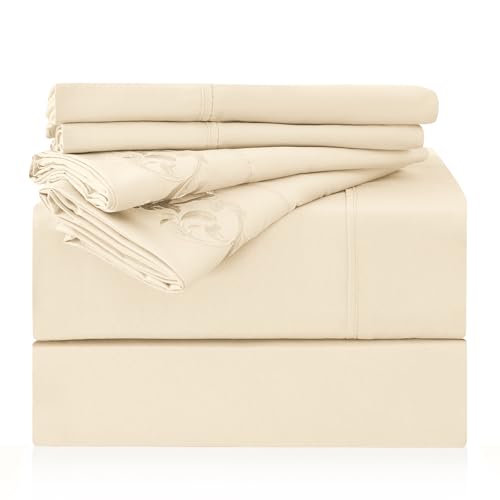"LONAVA Queen Size Sheet Set - 6 Piece Hotel Luxury Wrinkle-Free Microfiber Sheet, Oeko-TEX Certified, Breathable & Elastic, 16"" Deep Pockets, Cream"