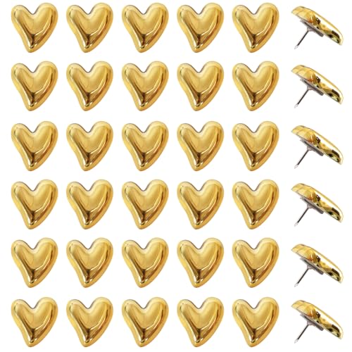 Vuzvuv 30Pcs Gold Heart Cute Push Pins Thumb Tacks for Bulletin Board - Resin & Metal Cute Push Pins, Sturdy Reusable, 30pcs in Storage Box, for Bulletin Boards, Office School Decor, Lovely Gift