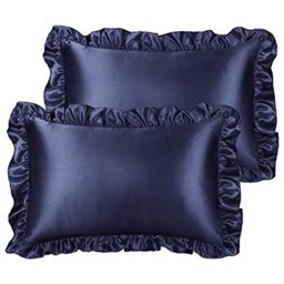PiccoCasa Ruffled Satin Pillow Shams Cases 2 Pack, Navy 50cm x 65cm