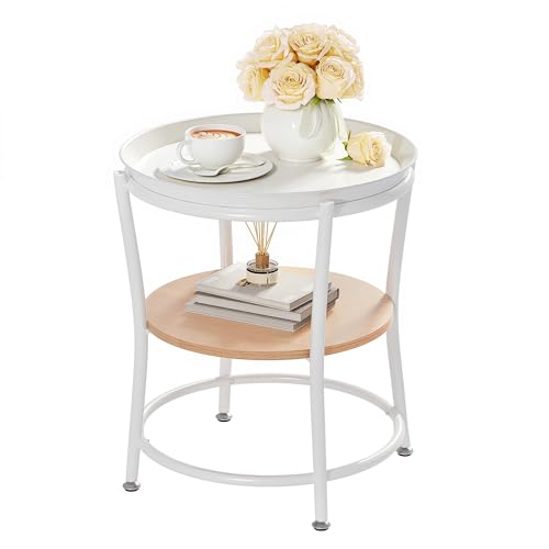 YITAHOME Round Side Table with Two-Tier Storage & Removable Tray, End Table for Living Room, Bedroom, or Apartment, Sturdy Coffee Table, Adjustable Feet, Oak