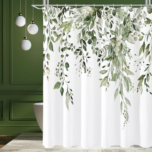 Gibelle Extra Long Shower Curtain 72 x 84, Tall Olive Green Floral Shower Curtain for Bathroom, Watercolor Plant Eucalyptus Leaves Fabric Shower Curtain Set with Hooks