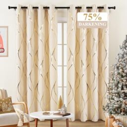 L.Z.E Cream Gold Blackout Curtains for Bedroom, Heavy Duty Velvet Curtains 72 Inch Length 2 Panels Set, 75% Room Darkening Curtains for Living Room, Extra Thick Drapes with Gold Pattern Grommet Top
