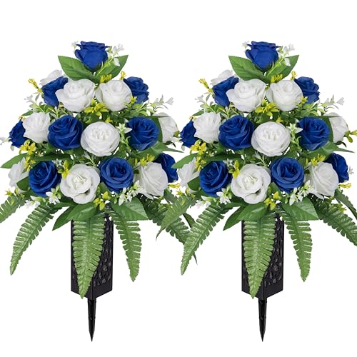 MOOMASS Artificial Cemetery Flowers ??? Grave Decorations, Cemetery Flowers for Grave Vase, Artificial Rose, Silk Flowers for Long-Lasting Remembrance(Dark Blue+White, 2 Bouquets)