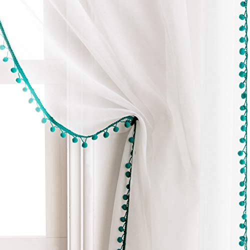 MISS SELECTEX Linen Look Pom Pom Tasseled Sheer Curtains - Rod Pocket Voile Semi-Sheer Curtains for Living and Bedroom, Set of 2 Curtain Panels (52 x 84 inch, White Sheer & Teal Pom Poms)