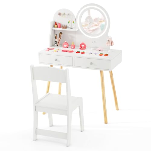 GYMAX Kids Vanity Table and Chair, Wooden Girls Dressing Tables with 2-Color LED Lighted Mirror, Drawers, Storage Shelf and Hooks, Children Makeup Desk Set for 3 Years Old+ (White)