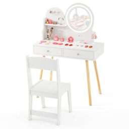 GYMAX Kids Vanity Table and Chair, Wooden Girls Dressing Tables with 2-Color LED Lighted Mirror, Drawers, Storage Shelf and Hooks, Children Makeup Desk Set for 3 Years Old+ (White)