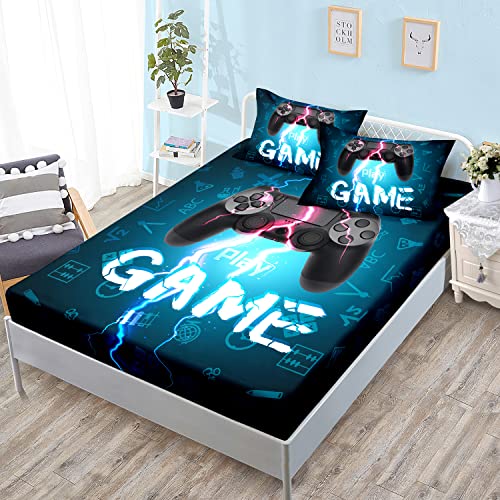HOSIMA Gamepad Print Gamer Bedding Sets Full,1 Fitted Sheet+2 Pillowcases. - Gaming Bedding for Boys Used to Gamer Room Decor
