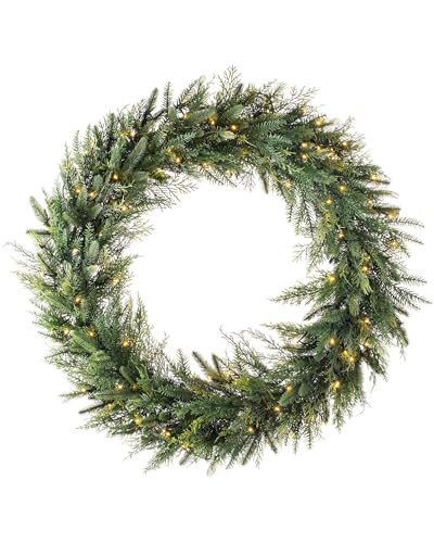 WeRChristmas Pre-Lit Natural Fir Christmas Wreath Decoration, 100 Warm White LEDs, Green, 1 m
