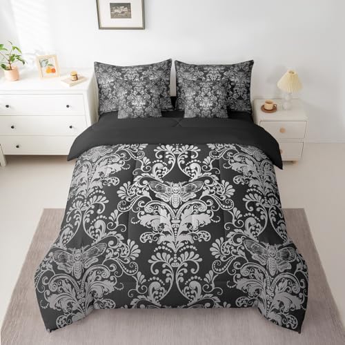 Erosebridal Gothic Damask Bed in a Bag King Size Comforter Set 7 Pieces,Exotic Moth Bedding Sets Black White Victorian Floral Goth Sheet Set with Comforter