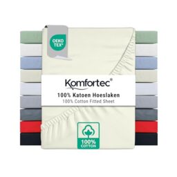 Komfortec King Fitted Sheet 100% Cotton, 11 inch (30 cm) Deep Pocket - Cream