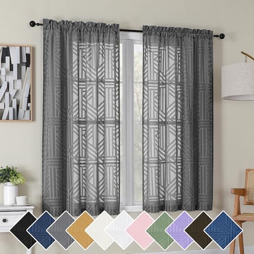 Simplebrand Grey Semi Sheer Curtains 54 Inch Length 2 Panels, Geometric Jacquard Clip Textured Short Sheer Curtains for Bedroom???Modern Elegant Window Curtains Drapes/Treatment Sheer???42x54 inch