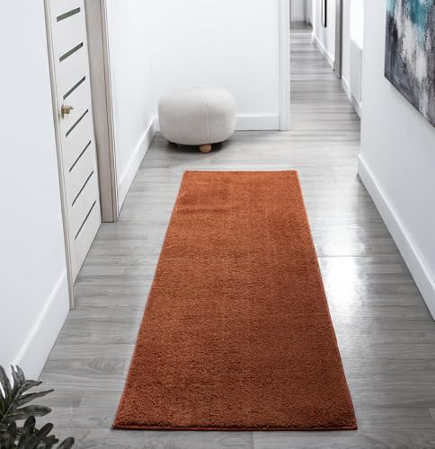 Rugs by Desire Comfy Washable Modern Living Room Rug Polyester Plain Indoor Area Rug with Low Pile - Anti-Slip Felt Backing SuperSoft Carpet Bedroom-Hallway, Terracotta, 60x200 cm