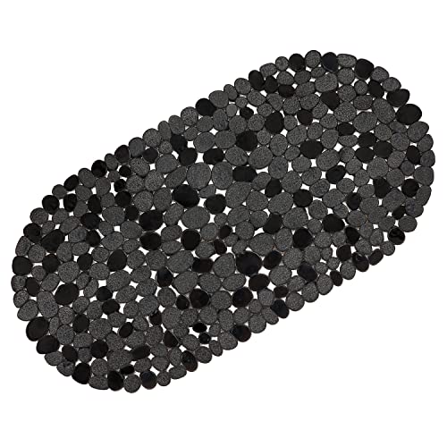 WELTRXE Pebbles Bath Mat for Tub Black Non-Slip Bathtub Mat with Suction Cups, Drain Holes for Bathroom Showers, Tub, Machine Washable, BPA, Latex Free Oval Shower Mats Bath Tub mat, 27 x 14 Inch