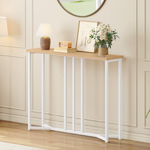 YITAHOME Console Table, 80CM Slim Console Table for Hallway, Metal Frame, Compact Display Table, Sofa Table for Small Spaces, Entryway, Living Room, Sturdy, Natural Wood Color and White