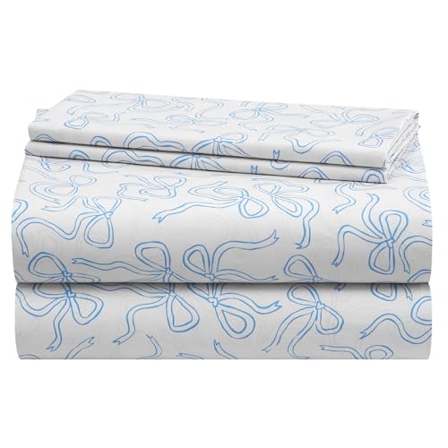 Urban Lifestyle 4 Piece Sheet Set, Including Top Sheet, Fitted Sheet and 2 Pillow Cases, Coquette Bow, Baby Blue, Full