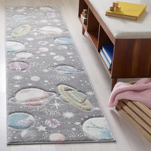 Safavieh Contemporary Rug for Living Room, Dining Room, Bedroom - Carousel Kids Collection, Short Pile, in Grey and Lavender, 62 X 240 cm