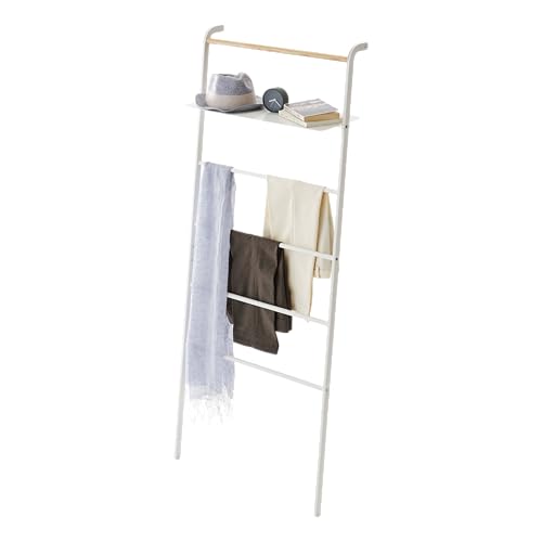 Yamazaki 3871 TOWER Ladder Hanger with Shelf, White, Steel/Wood, Minimalist Design, 66 x 30~38 x 160 cm (LxWxH)