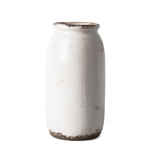 VICTOR & TERESA Rustic Large White Vase for Home Decor, 10'' Tall Ceramic Vases for Flowers, Farmhouse Decorative Vases for Pampas Grass, Table, Mantel, Living Room, Centerpieces