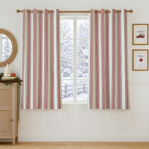 DriftAway Chris Vertical Striped Pattern Linen Blend Lined Thermal Insulated Blackout and Room Darkening Grommet Linen Curtains for Farmhouse Printed 2 Panels 52 Inch by 54 Red