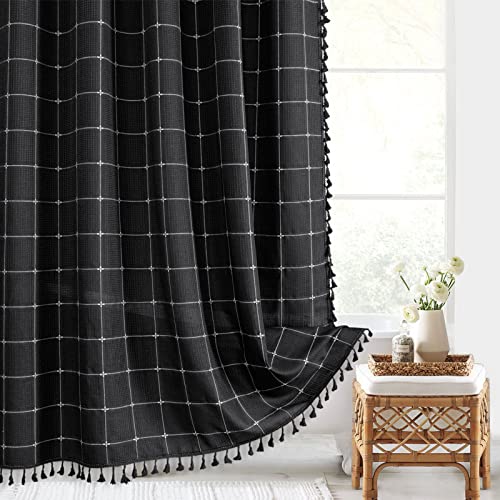 Gibelle Long Shower Curtain 72 x 78, Tall Boho Farmhouse Tassel Shower Curtain, Rustic Country Aesthetic Waffle Chic Textured Bathroom Curtains Shower Set with Hooks, Black