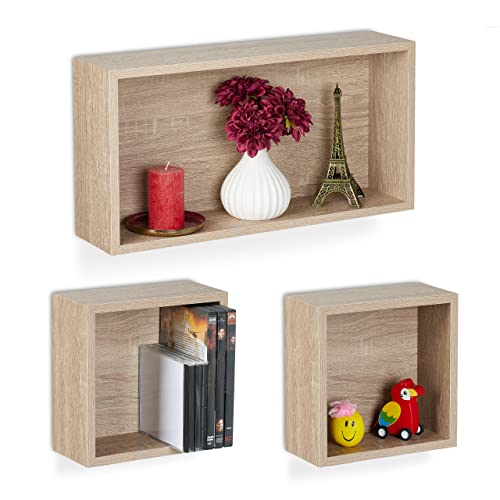 Relaxdays Set of 3 Floating Shelves, Wall Cubes in Wood Look, 2 Sizes, Decorative Display, Rectangular & Square, Natural