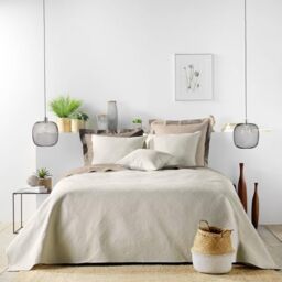Douceur d'Intérieur, Quilted Bedspread (220 x 240 cm) and 2 Pillowcases (60 x 60 cm) Romane Natural, Plain Microfibre
