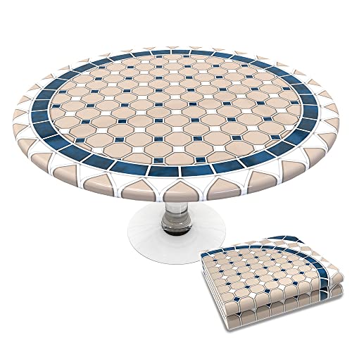 VOUNOT?? Round Tablecloth Covers Elastic Picnic Waterproof Table Cover Ceramic Pattern 90-120cm, Khaki Blue