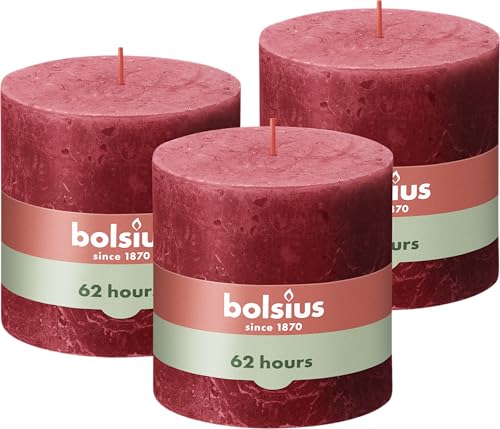 Bolsius Rustic Pillar Candle XXL, Red, Set of 3, Decorative Household Candles, Length Burning Time 62 Hours, Unscented, Natural Plant Wax, Palm Oil Free, Extra Large, 10 x 10 cm