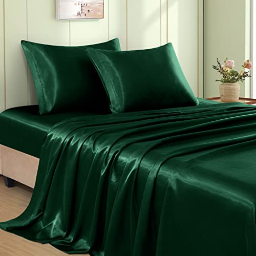 VACVELT 4pcs Emerald Green Satin Sheets Full Set, 15-Inch Deep Pocket - Silky Smooth Texture, Protects Skin And Hair, Wrinkle And Fade Resistant, Breathable Year Round, Machine Washable