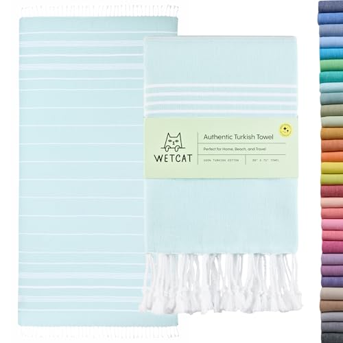 WETCAT Turkish Beach Towel 38x71 100% Cotton Sand Free Quick Dry Towel Extra Large Light Travel Towel for Adults Beach Gifts Beach Accessories - Aqua