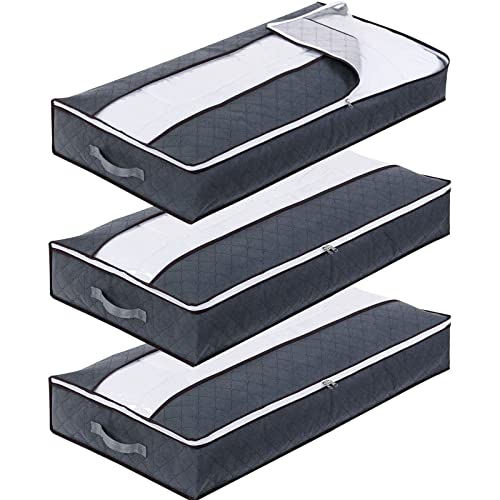 Withosent Underbed Storage Bag 3Pack, 90L Large Under Bed Storage Boxes with lid,Clothes Storage Bag Wardrobe Storage Organiser with Reinforced Handle, PVC Window for Duvet, Blanket, Clothing, Shoes