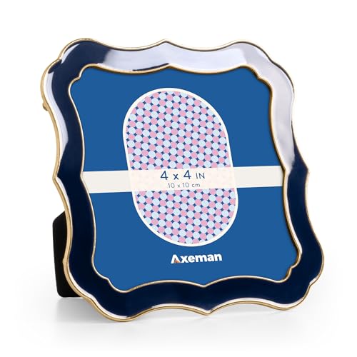 Axeman 4x4 Square Picture Frame with Tempered Glass-4 x 4 Ornate Enamel Photo Frame with Gold Metal Edge Velvet Back for Tabletop and Wall Mount Display for Shelf & Desk, Navy Blue