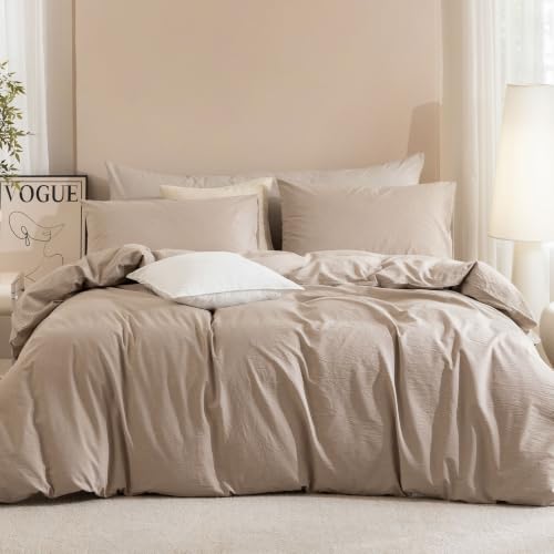 JIYUAN Queen Washed Cotton Duvet Cover Set, 3-Piece, Relaxed Linen Feel - Includes 2 Pillowcases, Hidden Zipper & 8 Corner Ties. Naturally Soft, Breathable & Lightweight. Machine Washable.