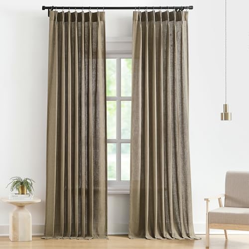 "Vision Home Brown Pinch Pleated Light Filtering Curtains with Microfiber Liner 112 inch Linen Blended Textured Privacy Drapes for Living Room Bedroom Back Tabs with Hooks 2 Panels 40"" Wx112 L"