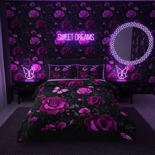 QOOMO 3Pcs Red Rose Comforter Set Full,Black Bedding Set for Teens Boys Girls,Butterfly Printed Comforter with 2 Pillowcases,Down Alternative,Soft and Lightweight