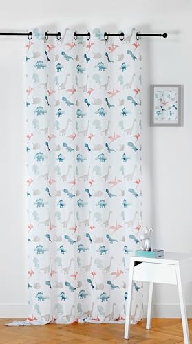 LINDER Dinosaur Pattern Net Curtain for Children – Woven and Dyed in France – Jurassic Style – Ecru, Blue and Terracotta – Rifle Cannon Eyelets – 150 x 240 cm – 100% Polyester – Dino Collection