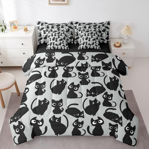 Erosebridal Funny Black Cats 7-Piece Bedding Set Full Size (Gray and Black)- Cute Cat Bed in a Bag for Teens Boys Girls Cartoon Animal Comforter Set with Sheets Kawaii Cats Duvet Insert