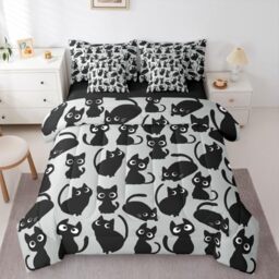 Erosebridal Funny Black Cats 7-Piece Bedding Set Full Size (Gray and Black)- Cute Cat Bed in a Bag for Teens Boys Girls Cartoon Animal Comforter Set with Sheets Kawaii Cats Duvet Insert