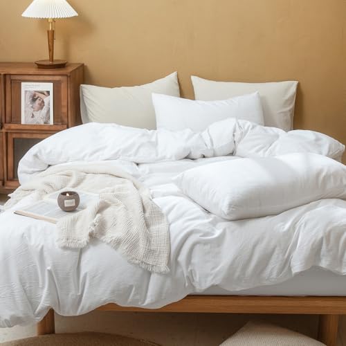 FOSSA Duvet Cover Set 100% Washed Cotton Linen Feel Oversized Queen - Super Soft Breathable Lightweight & All Season Bedding Set with Hidden Zipper & 8 Corner Ties (Bright White)