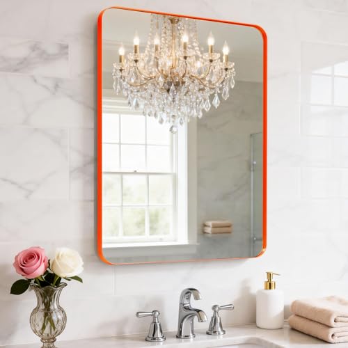 YYXW 18x24inch Orange Bathroom Mirror Wall Mounted, Matte Aluminum Alloy Frame with Rounded Corners, Shatterproof Tempered Glass, Anti-Rust HD Vanity Mirror for Bathroom, Bedroom, Entryway