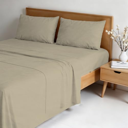 Water Washed Double Bed 4-Piece Bedding Set: Fitted Sheet 170 x 200 cm, Flat Sheet 240 x 270 cm, 2 Pillowcases - Sand