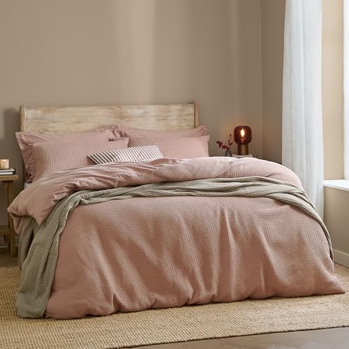 Yard furn Hebden Waffle Duvet Cover Set – Soft Relaxed Cotton Textured Bedding Set (Cotta – Double)