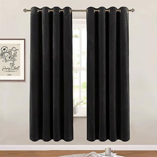 SMILETIME Black 72 in Long Velvet Curtains with Grommet, Thermal Insulated Super Soft Privacy Noise Reducing Light Filtering Velvet Curtains for Living Room, 2 Panels, Each 52 x 72 inches Long