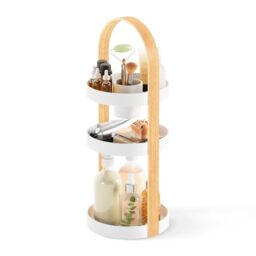 Umbra Bellwood Caddy, Organizer for Makeup and Cosmetics, Durable Rotating Container with Wooden Handle, Large, White/Natural
