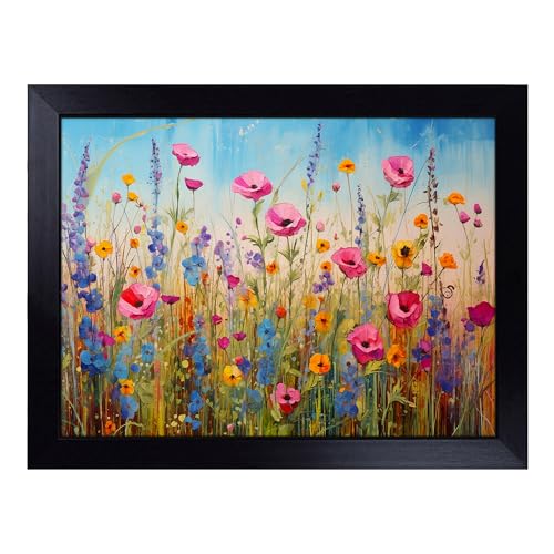 Lap Tray with Bean Bag Cushion, Wildflowers Contemporary - Handmade in the UK, Raised Wooden Edge, Padded Cushion, Heat-Resistant Wipe-Clean Surface, for Meals, Laptops and Crafts
