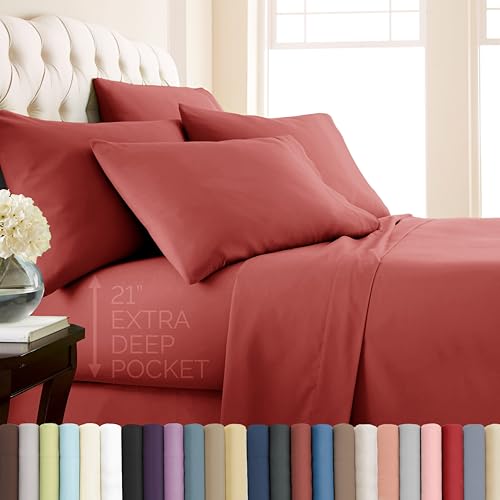 Southshore Fine Living, Inc. Twin XL Sheet Set 4 Piece, 21 Inch Deep Pocket Bed Sheets with 2 Pillowcases, Microfiber Wrinkle Free Easy Care Pet Hair Resistant Bedding - Marsala (Terracotta Sheets)