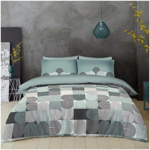 Super Dreamer Geometric Duvet Cover Single, Complete Bedding Set Comforter Cover With Fitted Sheet & Pillow Case, Green/Charcoal