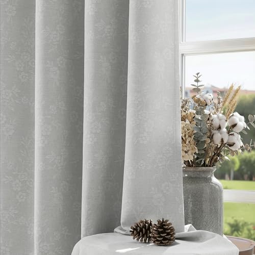 Beauoop Grey Floral Jacquard Blackout Curtains 96 Inches Long 2 Panels for Living Room Bedroom Chenille Flower Room Darkening Thermal Insulated Soundproof Grommet Window Drapes, 52x96 Set of 2